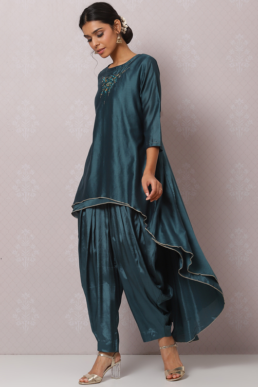 Teal Flared Cotton Silk Fusion Wear 2 Piece Set