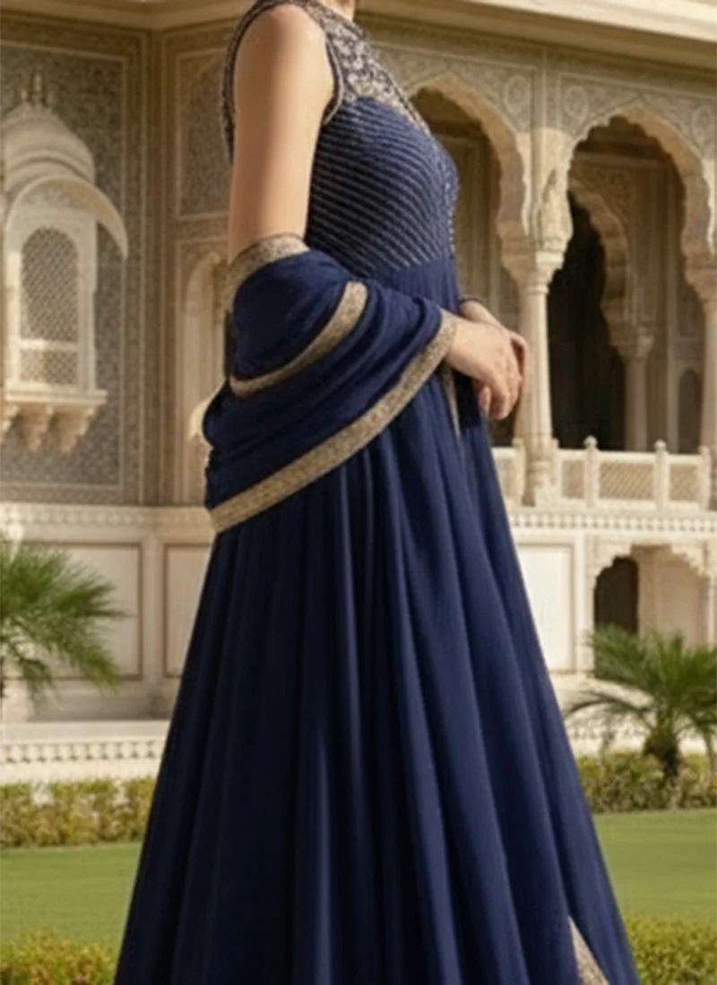 Blue Georgette Beads Work A line Anarkali Suit Wedding Wear