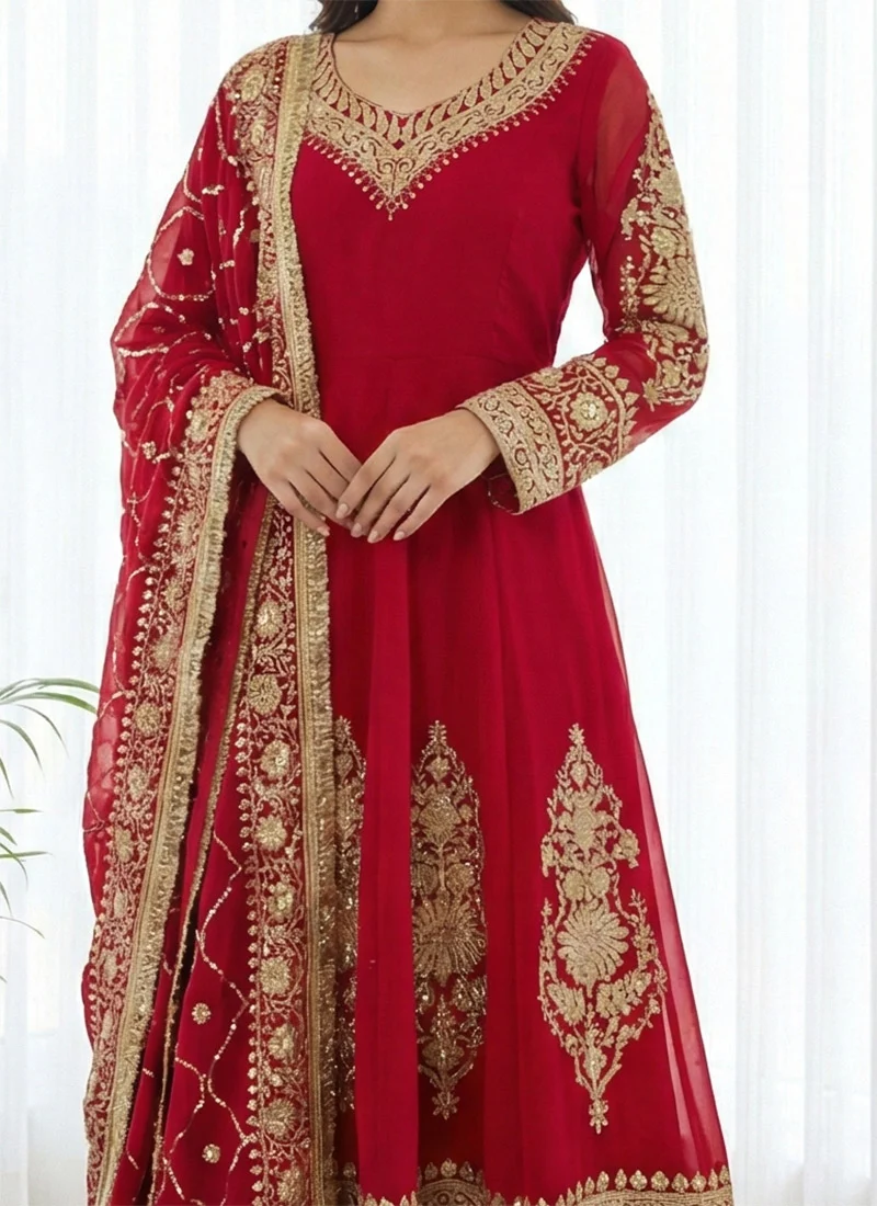 Red Georgette Sequins Anarkali Suit Festive Wear
