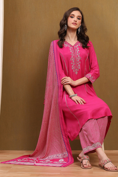 Fuchsia Modal Embroidered Festive Kalidar Suit Set