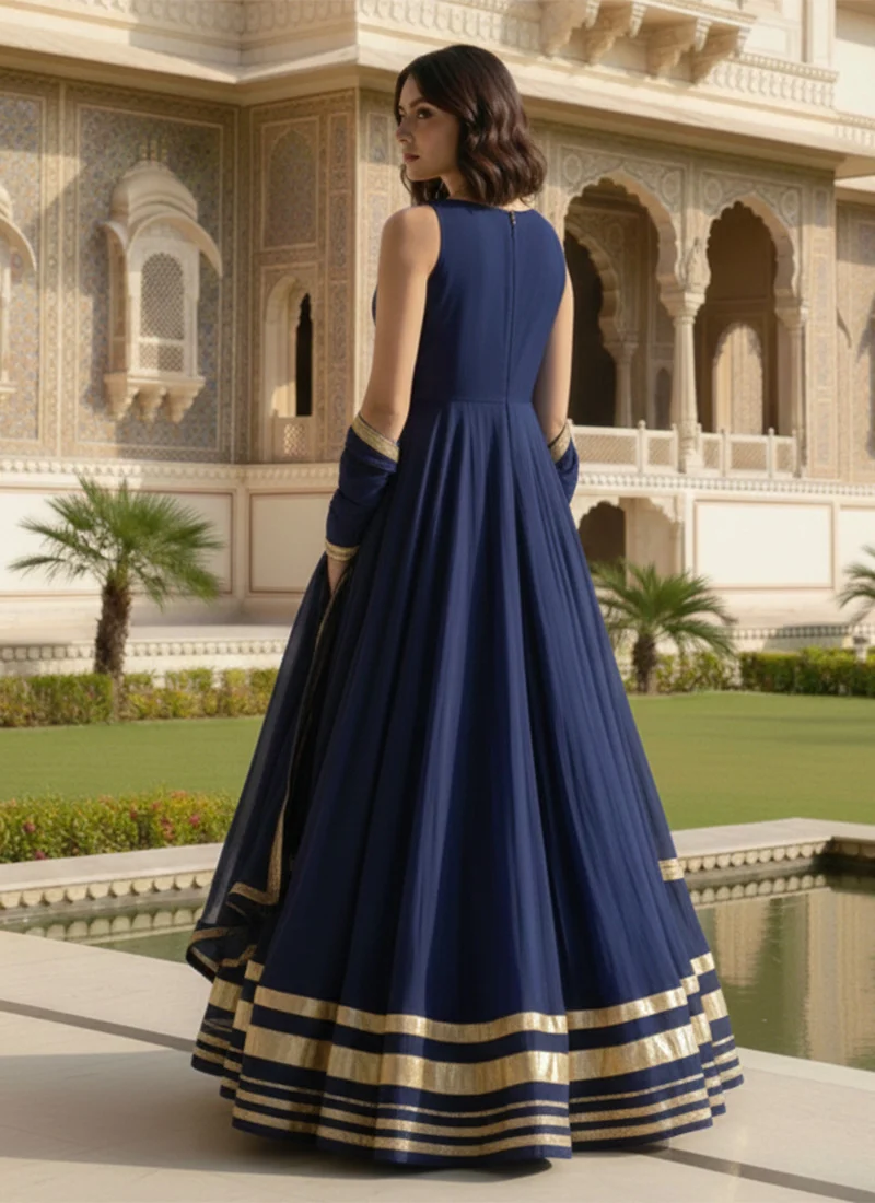 Blue Georgette Beads Work A line Anarkali Suit Wedding Wear