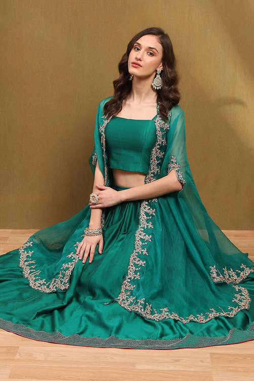 Green Silk Chanderi Festive Flared Lehenga Set