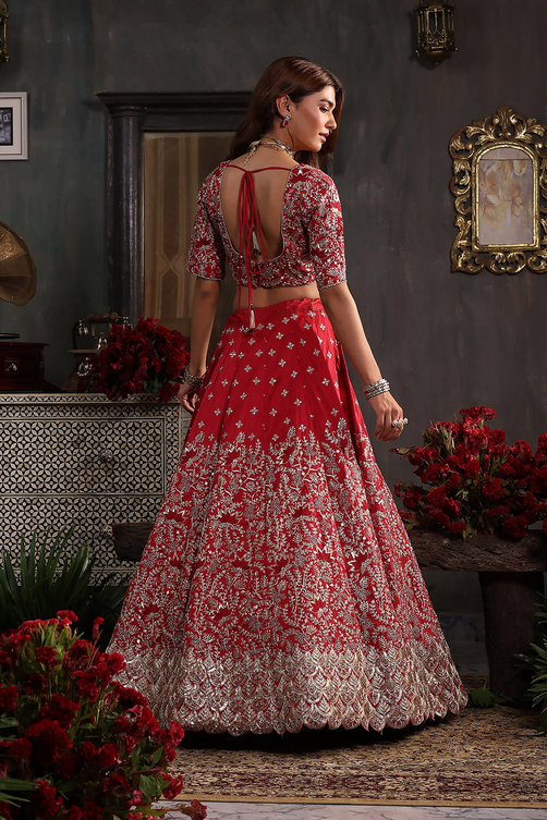 Berry Red Zari Embroidered Lehenga Set