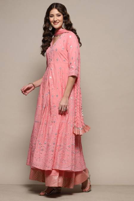 Pink Cotton Mirror work Anarkali Lehenga Set