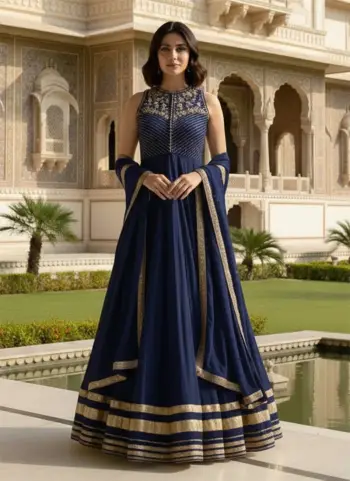 Blue Georgette Beads Work A line Anarkali Suit Wedding Wear